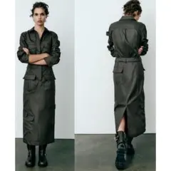 ZARA ミディ丈シャツワンピース L ダークカーキ