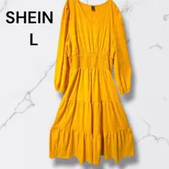 SHEIN ティアードワンピース L イエロー Vネック ロング 長袖 春夏