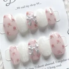 【サイズオーダー】量産型　フレンチガーリー　韓国ネイル　レース　花柄　ピンク
