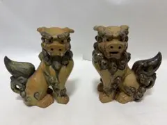 希少陶器 獅子 置物 ペア 焼き物 高さ155mm x奥行き140mm状態が良い