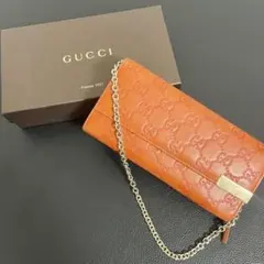 GUCCI グッチ長財布 チェーンウォレット GG柄 シマレザー ゴールド金具