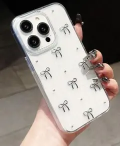 iPhone15Proケース　シルバー　リボン　ドット　クリア　透明
