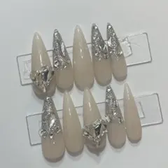 ネイルチップ ギャル ロング 清楚 埋めつくし ホワイト シズニルック クロム