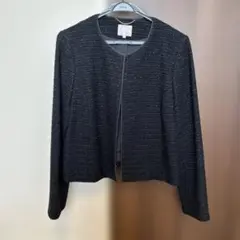 自由区　紺色ノーカラージャケット ツイード素材
