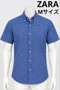 ZARA ザラ 小花柄 ボタンダウン 半袖シャツ ブルー 青 M
