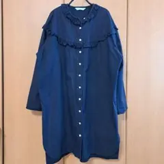 homspun ホームスパン コットントリプルツイル　ロングフリルブラウス　紺のサムネイル