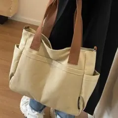 大容量2wayショルダーバッグ 　キャンバス トートバッグ 　男女兼用　ベージュのサムネイル