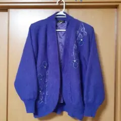 パープル花柄刺繍カーディガン　アンゴラ糸　毛　M　レトロ　羽織もの