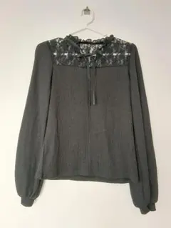 【10】ダークグレー レース切替 長袖ブラウス