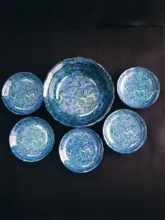 九谷焼 博峰窯 九作 青彩 皿 6枚セット 16cm 中皿 釉彩 銀彩 柴田博