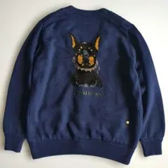 MUVEIL ニットカーディガン 犬 スパンコール 金ボタン インターシャ 紺