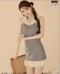 ローブドフルール レースチェックバストジップセットアップミニキャバドレス