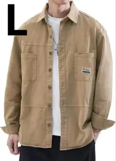 【新品】 メンズ 長袖 シャツ 秋冬 無地 綿 カジュアル カーキー Lサイズ