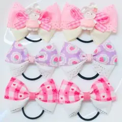 キッズリボンヘアゴム6つセット うるうるうさぎ×ピンクチェック