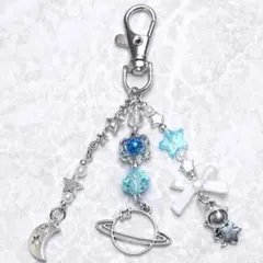 ビーズキーホルダー ストラップ y2k 韓国 星 ブルー 宇宙