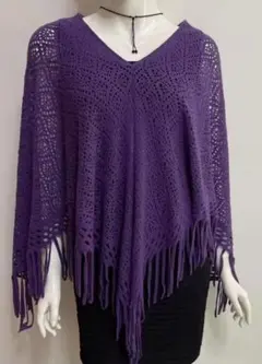 紫色 フリンジ付きレース編みストール