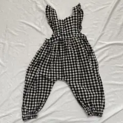 フリル オーバーオール ロンパース　100cm チェック　白黒