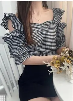 グレイル♥️チェック柄バックリボンショルダーオープントップス[tu699]