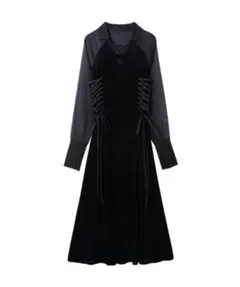 新品 パメオポーズ×アンブロ ベロアロングワンピース リボン シアー コラボのサムネイル