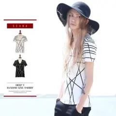 【SEANA】 Ｖネック 幾何学 ランダムライン 半袖Ｔシャツ 白 XL メンズ