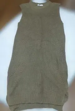SALE! カーキ 透かし編みロングニットジレ　ワンピースM
