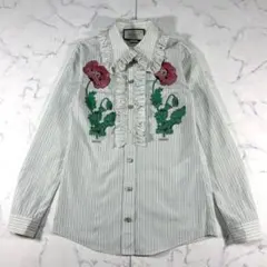 GUCCI グッチ ポピー刺繍 フリル ストライプ ブラウス イタリア製 36のサムネイル