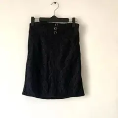 レース花柄タイトスカート 黒L ウエストギャザー