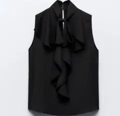 【ZARA】ブラック フリル ノースリーブ シャツ