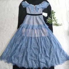 新品✨セルフポートレート　オールレースロングワンピース　ライトブルー　UK6