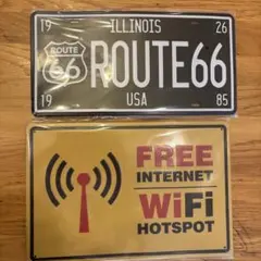 ルート66 & フリーWi-Fiホットスポットブリキ看板セット