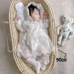 90 ボンネット　帽子付きロンパース刺繍ドレスロンパースセレモニー退院着お宮参り
