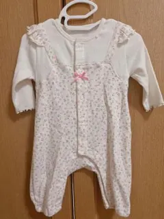 60ー70 花柄 肩フリル ロンパース カバーオール リボン