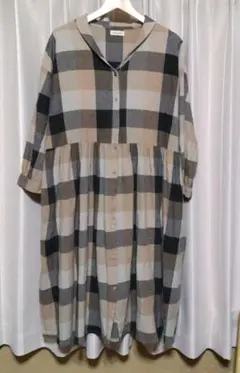 サマンサモスモス　ブロックチェック　チビ襟　前開きワンピース　綿　麻混　ふんわり