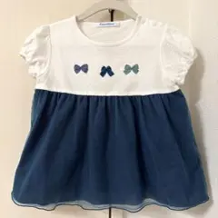 【未使用】familiarファミリア　緑チェックリボンチュールチュニック春服90