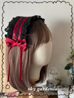 ♡ブラックフリルレース 赤リボン ローズヘッドドレスクリスマス ロリータゴスロリ