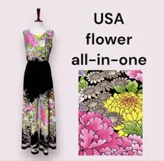 vintageヴィンテージオールインワン70年代花柄ブラックレトロUSA海外古着