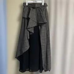 グレイル　ベルト付きチェック柄異素材ラッフルフリルスカート　Sサイズ