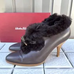 1円 フェラガモ ムートン ショートブーツ ファーブーティー 7C ブラウン系 OJ791