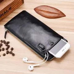 軽量　薄軽　財布　ウォレット　小銭入　スマホ収納 ストラップ付　合皮 無地 黒のサムネイル