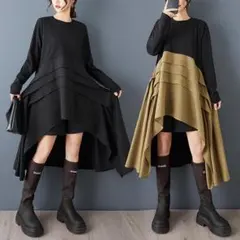 新品 大きいサイズ ゆったり アシメ ワンピース カーキ ロング 春 秋冬ｋ