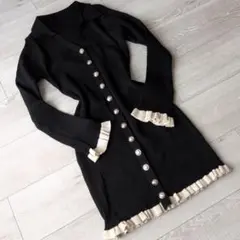 00s vintage フリル ニットワンピース リブ 金ボタン ガーリー