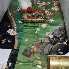 緑系正絹振袖一式フルセット 袋帯帯締め帯揚げ半襟重ね襟 成人式等