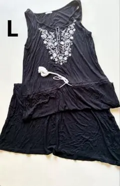 GU ワンピース L ブラック 黒 ノースリーブ 刺繍 春夏 ロング スカート