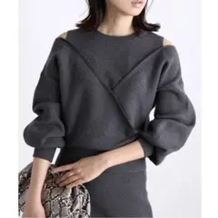 VIS ニットセットアップレイヤード風肩開きプルオーバー チャコールグレー