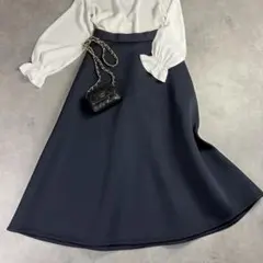 ユアーズ ダンボールニット マキシフレアスカート 紺 L
