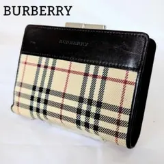 良品◎BURBERRY 二つ折り財布 がま口 チェック レザー ダークブラウン