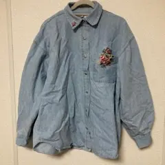 デニム花柄刺繍シャツ 長袖　レトロ