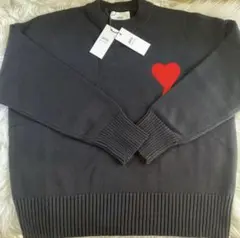 美品AMI Paris極上コットン/畦編み ニットセーター 黒 刺繍 男女兼用L