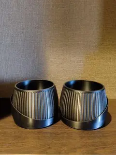 【２個セット】高級感ブラック｜縦ライン×モダンデザインプランター｜小型鉢