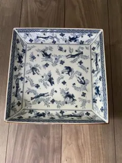 骨董】伊万里 印判 藍染 花鳥文八角大皿 隅切り角皿 伝統文様 貫入有